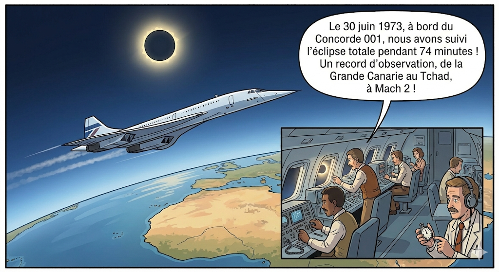 Le Concorde 001 en 1973 poursuivant l'éclipse totale sur 74 minutes