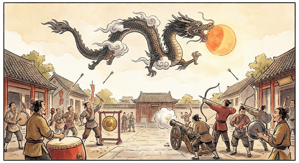 Le dragon Tiangou dévorant le Soleil dans la mythologie chinoise