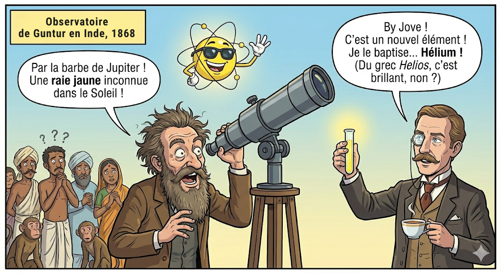 Jules Janssen observant l'éclipse de 1868 à Guntour, découverte de l'hélium