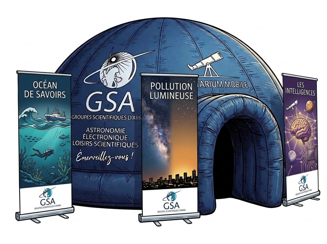 Le planétarium mobile des Groupes Scientifiques d'Arras entouré des panneaux Océan de savoirs, Pollution lumineuse et Les intelligences